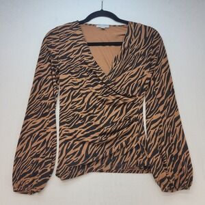 Pure Collection Blouse Womens 4 Brown Animal Print Ruched Balloon Sleeve V-Neck